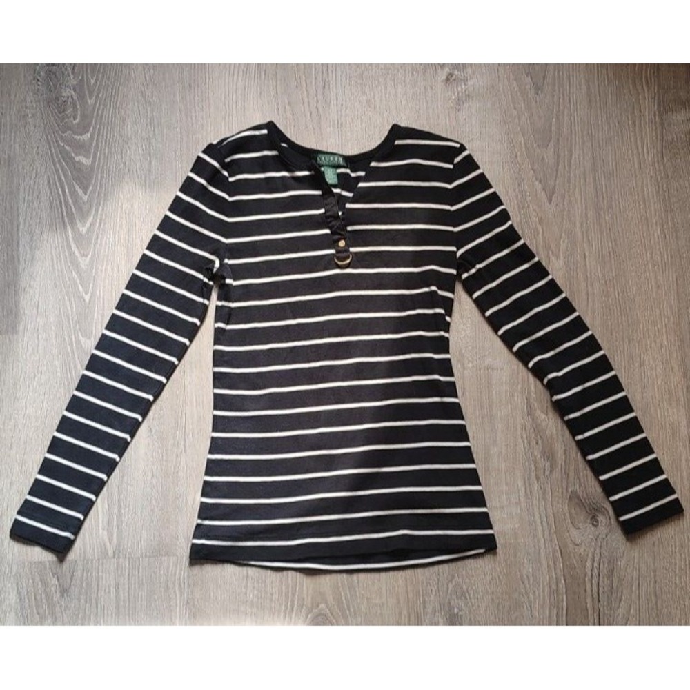 Lauren Ralph Lauren‎ Black & Gold Knit Top Long Sleeve V Neck Small 100% Cotton